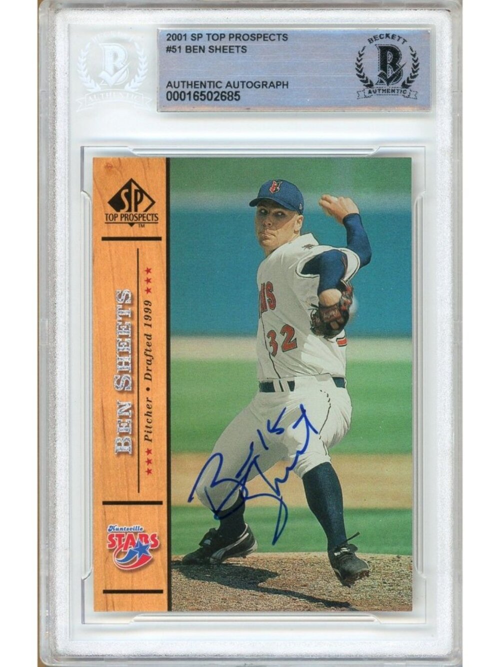 Ben Sheets Signed 2001 SP Top Prospects #51 Brewers Card Beckett BAS Slabbed